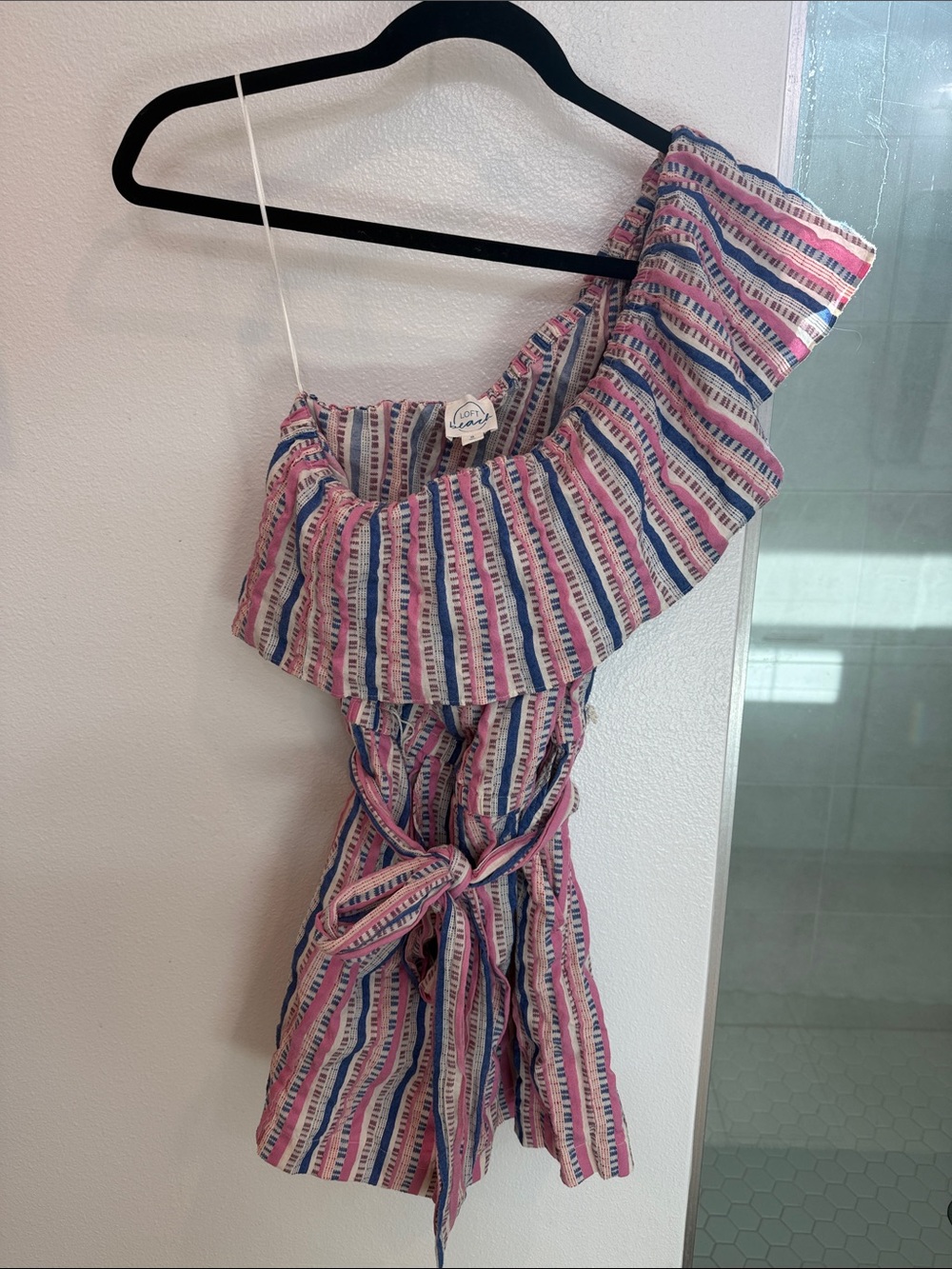 LOFT Beach One-Shoulder Striped Romper in Pink, Blue & White